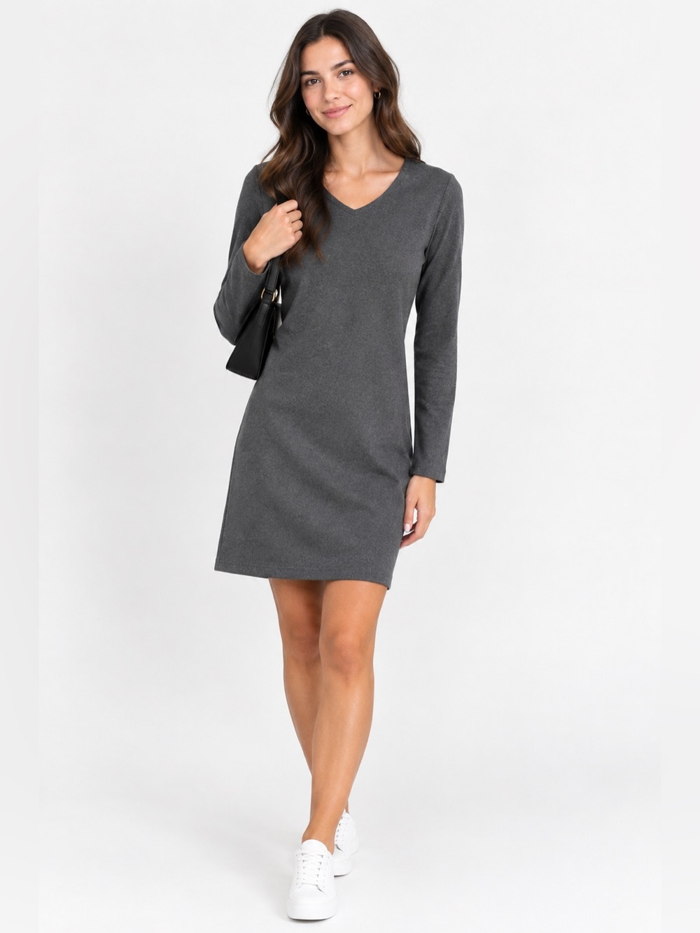 Ardene Gray Long Sleeve V-Neck Shift Dress Minimalist Capsule Wardrobe Sz M